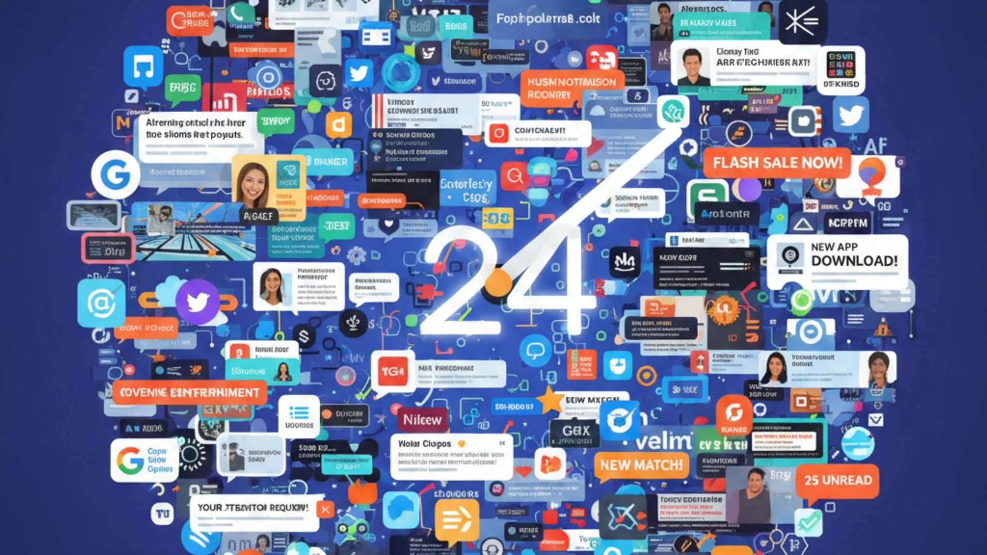 Illustration of a 24-hour clock filled with ads, notifications, and digital content competing for limited attention, representing attention scarcity in modern marketing.