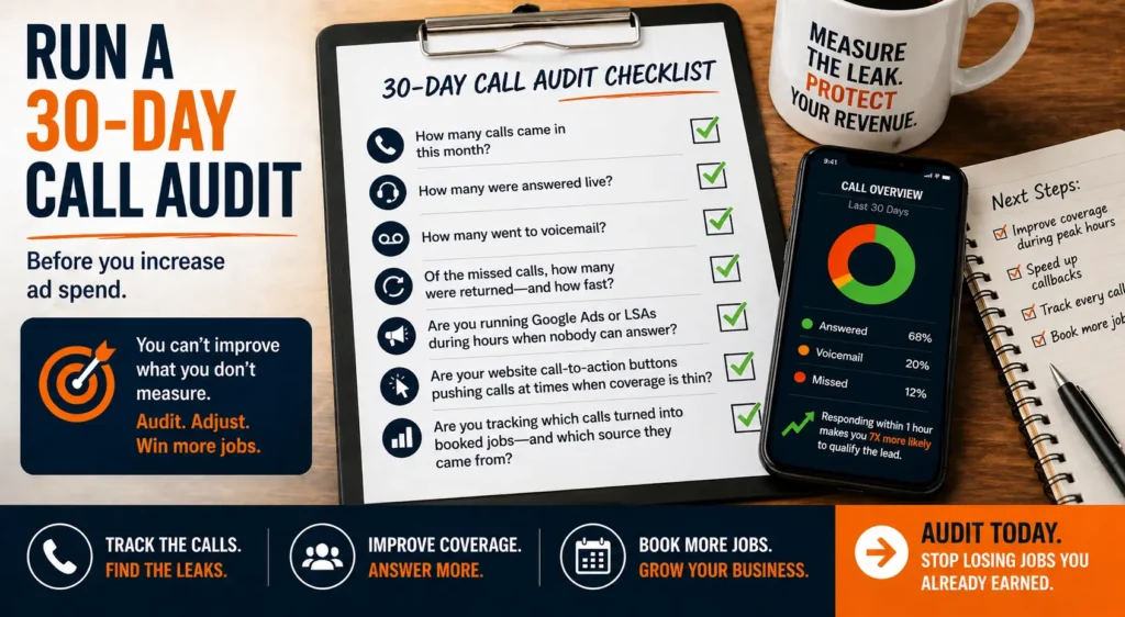 Desk setup with a 30-day call audit checklist, call tracking dashboard, and message encouraging home service businesses to measure missed calls before increasing ad spend.